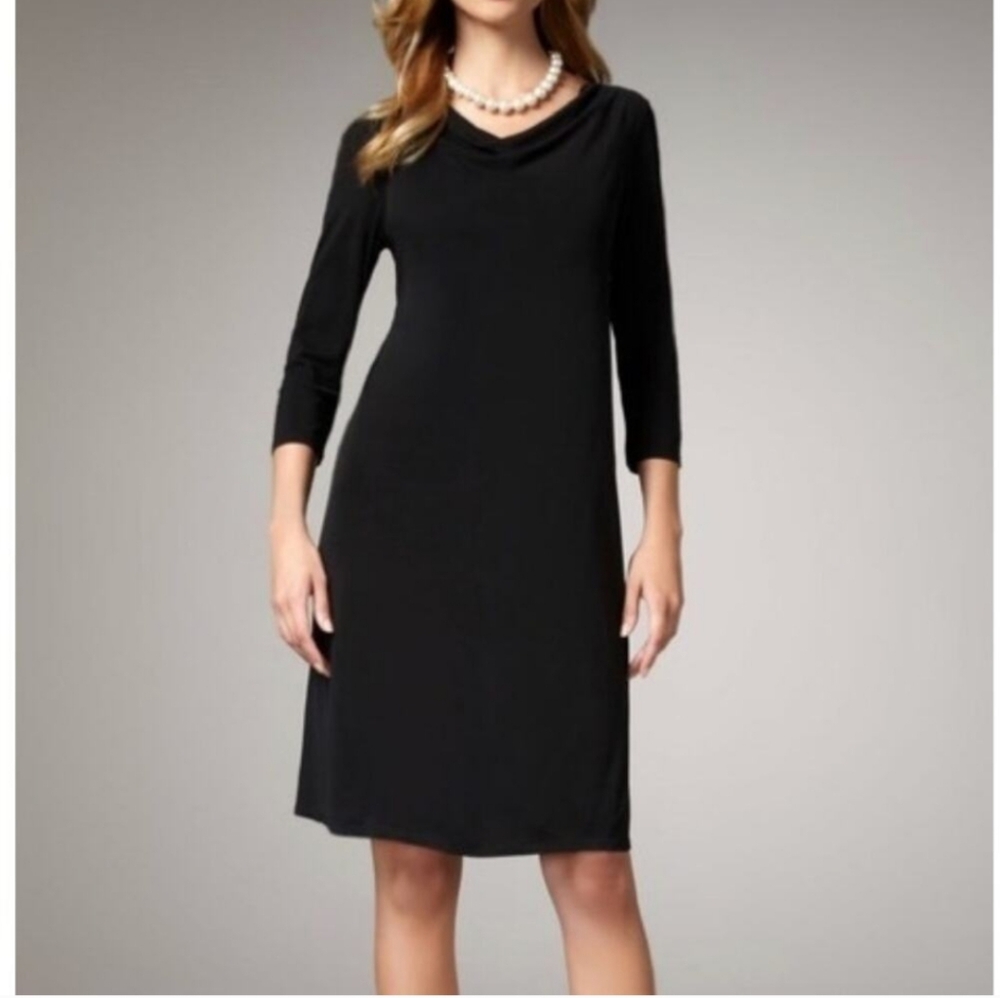Eileen Fisher Cowl Neck Dress Black Italian Yarn 3/4 Sleeve Small Capsule